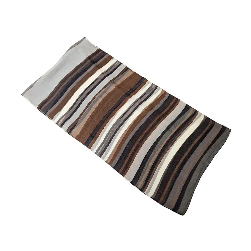 Vintage Scarf Silk Black Brown Cream Stripe Sheer Rectangular